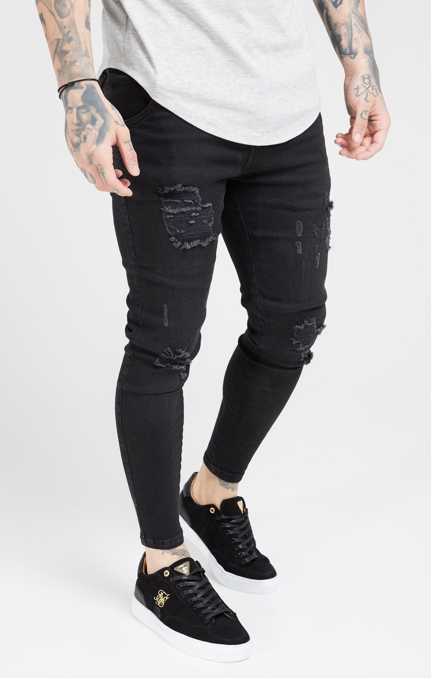 CAMOUFLAGE POCKET DISTRESSED DENIM - BLACK | Streetwear jeans for men